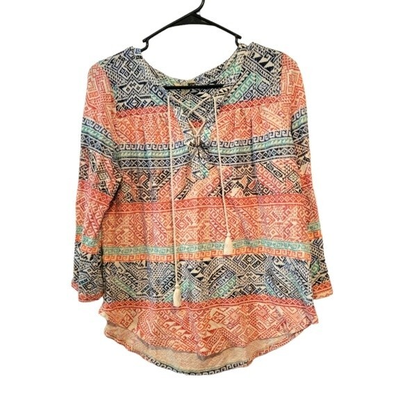 Lucky Brand Blue & Orange Lace Up Boho Linen Blend Top Size Large - Picture 1 of 5